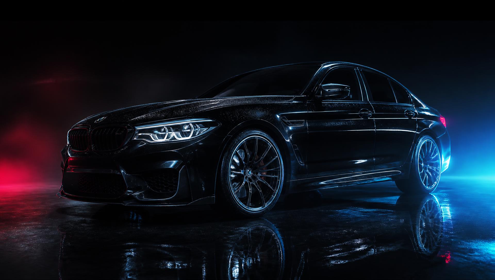 Detailed dark sports car lit by blue accent light